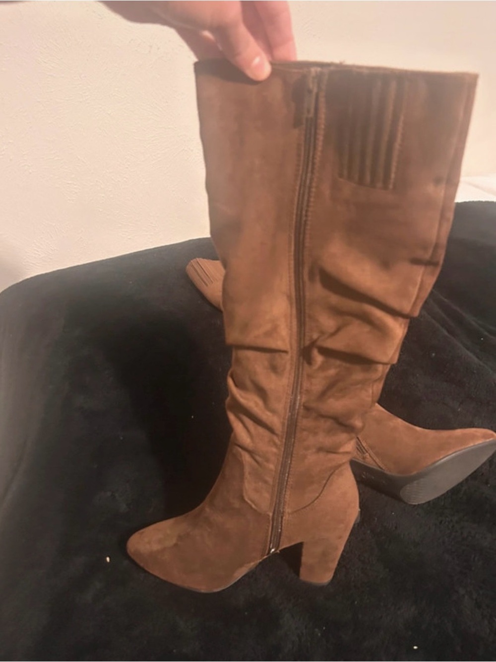 Y-Not "Compassion" Ruched Suede Knee-High Boots - Brown size 6.5